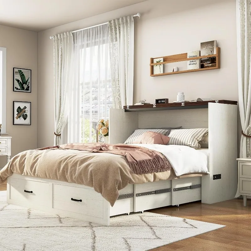 Hlivelood Full Size Murphy Chest Bed with Drawer and Charging Station, Farmhouse Wood Space-Saving Hidden Folding Beds Chest
