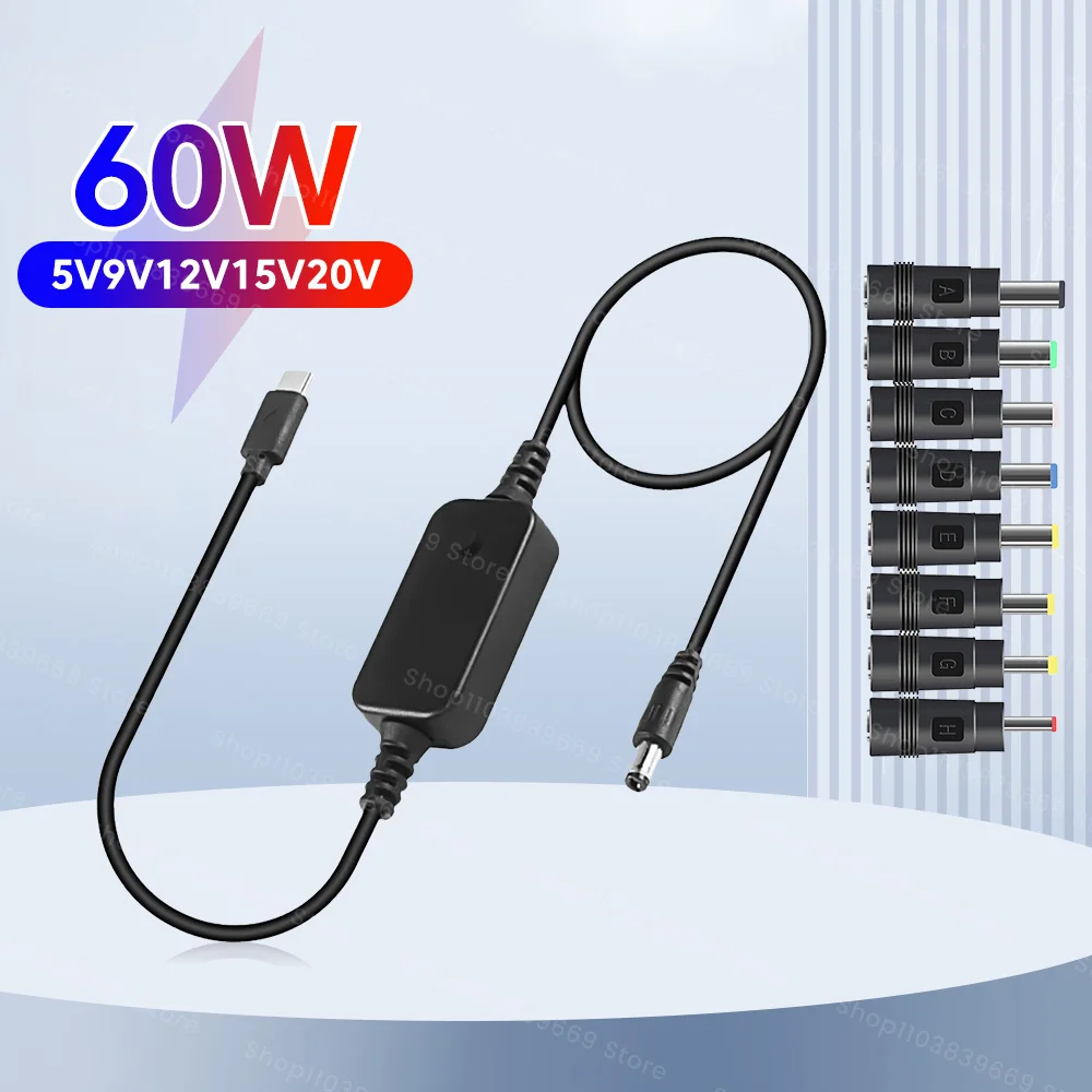 Power Boost Cable Type C To DC 5V/9V/12V/15V/20V USB Cable Boost Converter Adjustable Voltage 60W Fast Charging Cable 8 Adapters