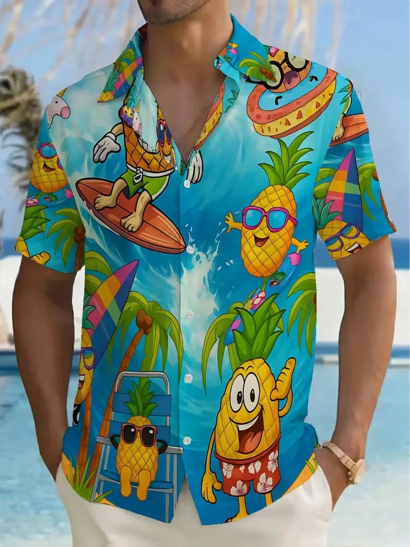 

Men's Pineapple & Palm Tree Print Hawaiian Shirt Short Sleeve Pink Tropical Graphic Button Down Beach Vacation Shirts