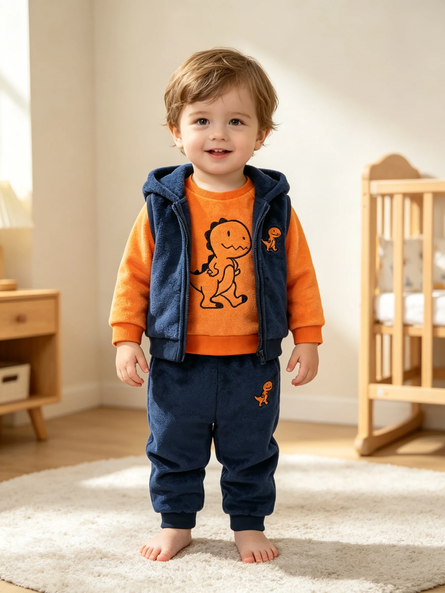 Infant Cartoon Dinosaur Embroidered Hooded Zip-Up Vest, Orange Long-Sleeved Crew Neck Top Paired with Navy Blue Jogger Pants, Autumn and Winter Three-Piece Set, Warm and Cute Plush Outfit for Toddlers Going Out