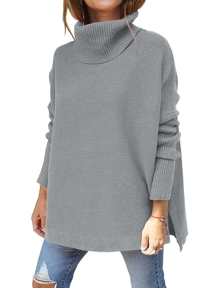 Autumn Winter Women Knitted Long Sweater Loose Oversized Turtleneck Batwing Sleeve Tunic Pullover Tops Jumpers