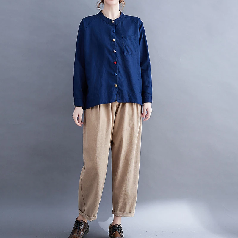 Women Spring Autumn Cotton Linen Shirt Lady Buckle Retro Literary Art Blouse Faux Linen Chic Casual Loose Shirts