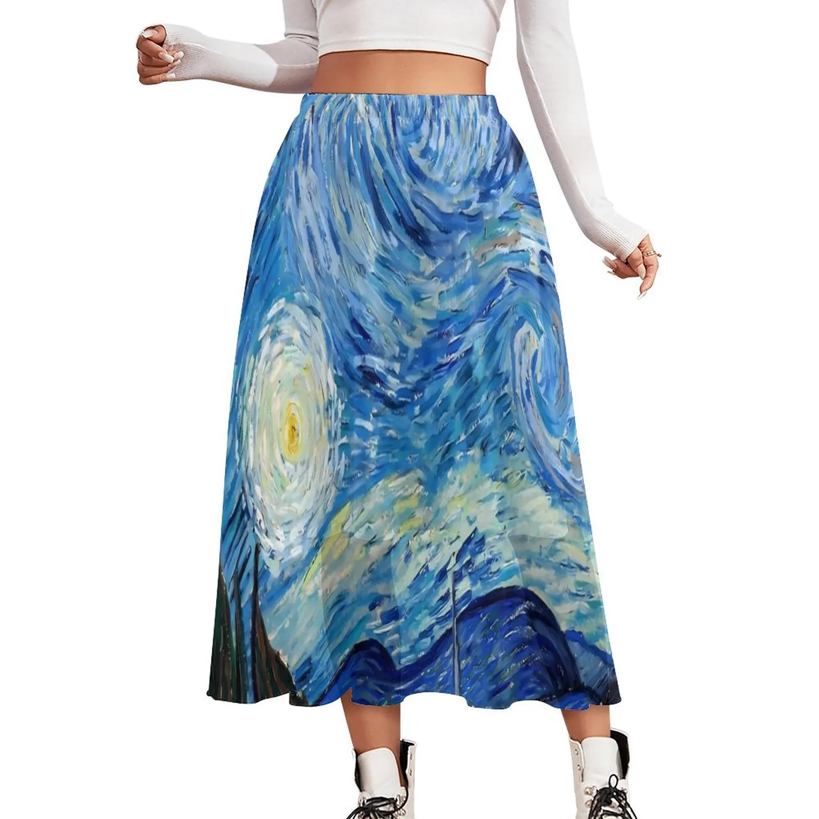 Van Gogh Oil Painting Skirt Womens Starry Night Modern Long Skirts Graphic High Waist Street Wear A-line Skirt Big Size