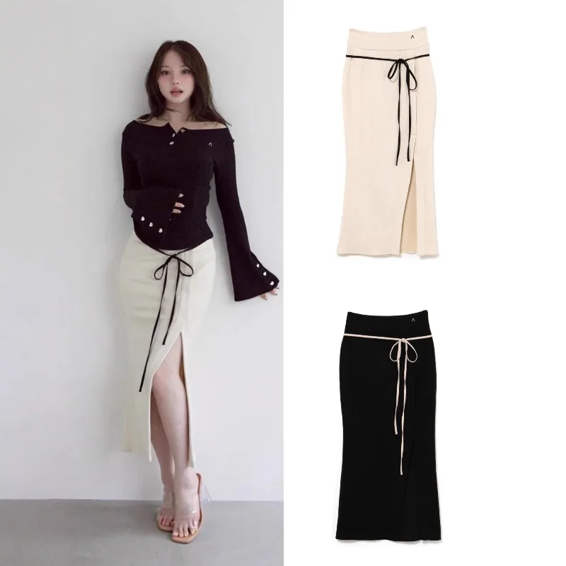 

Japanese Simple New Knitted Slit Skirt for Women High Waist Bodycon Lace Up Skirts 2025 Early Autumn New Faldas De Mujer