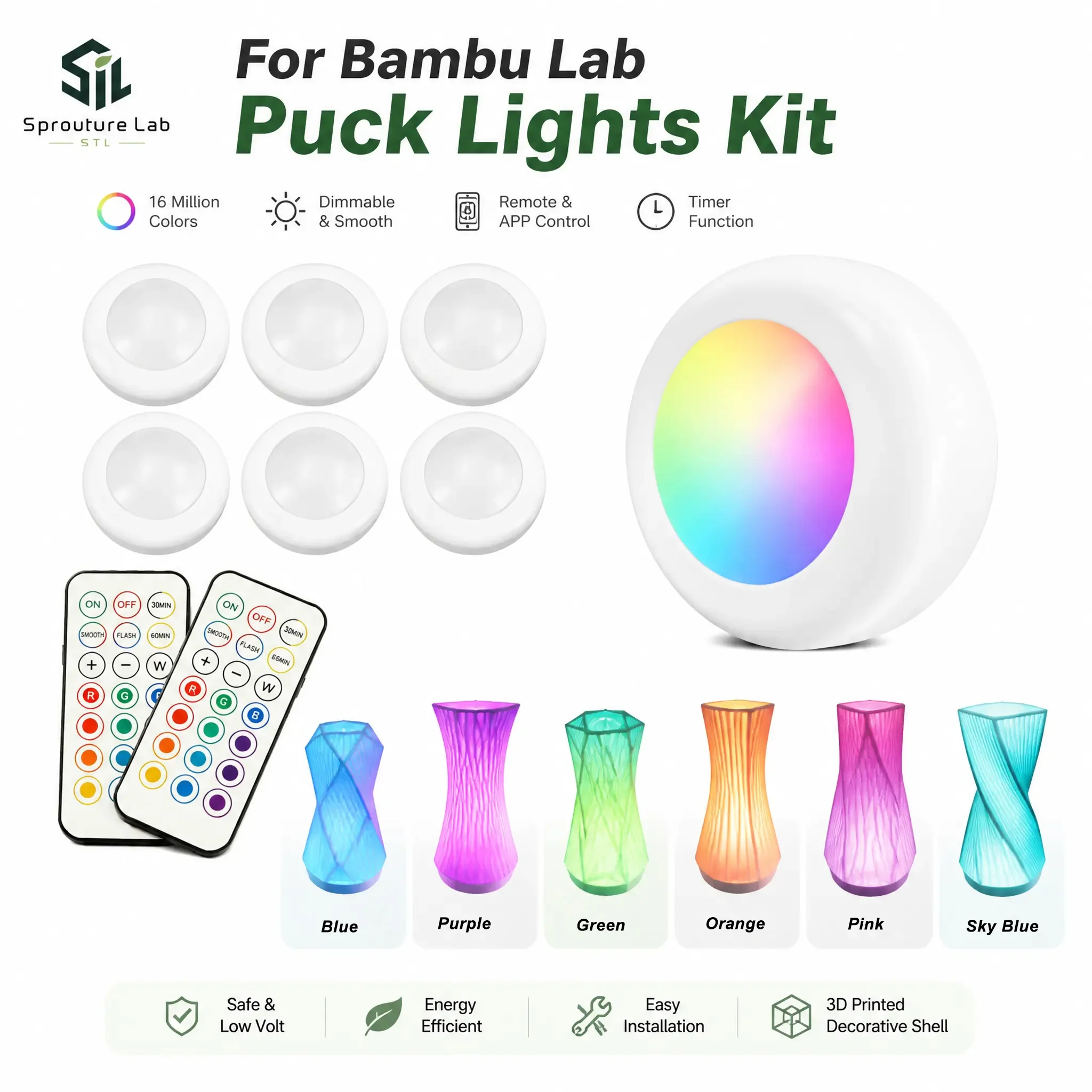 

RGB Puck Lights For Bambu Lab Remote Control Cabinet Lights Powered Night Light Dimmable Warm/White Light Creator 3D Printer