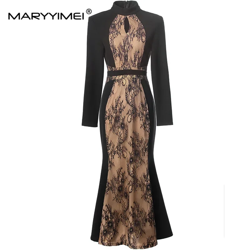 

MARYYIMEI Fashion design Autumn Winter Women Dress Stand collar Long Lace Splicing Pretty Slim-Fit Hip Wrap Party Dresses