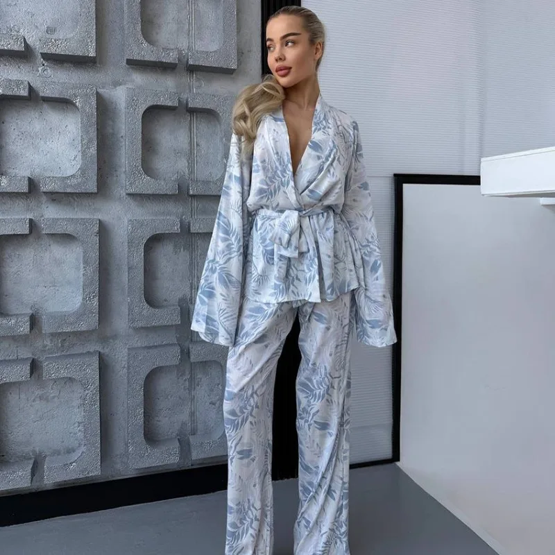 Women's Autumn New Arrival Two Piece Set Loose Fitting Printed Silk Pajamas Nightgown Trousers Comfortable Loungewear L Size