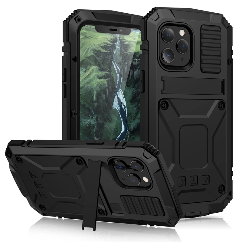 

Full-Body Rugged Armor Shockproof Protective Case for iPhone 15 14 Pro 13 12 11 Pro Max Kickstand Aluminum Metal Glass Cover