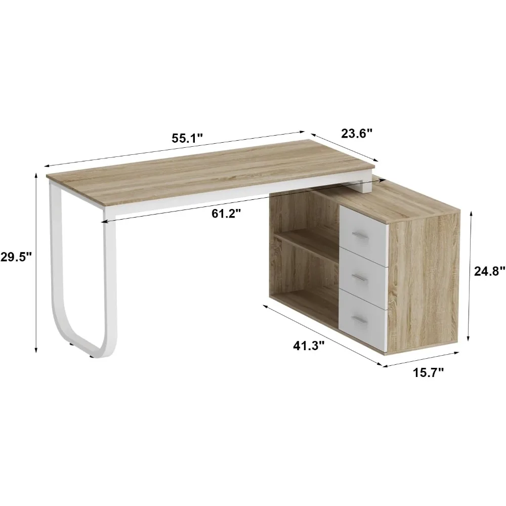 Home Office Computer Desk Corner Desk with 3 Drawers and 2 Shelves, 55 Inch Large L-Shaped Study Writing Table with Storage Cab