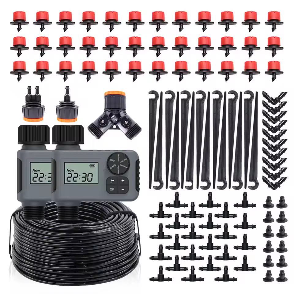 50-10m 1/4'' Hose Garden LCD Smart Timer Irrigation Set 4-Way 8-hole Nozzle Greenhouse Automatic Watering System Irrigator Tool