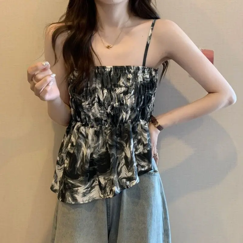 Fashion Tie Dye Sleeveless Camisole Ladies Korean Slim Temperament Pullovers Women\'s Clothing Summer Vintage Printing T-Shirts