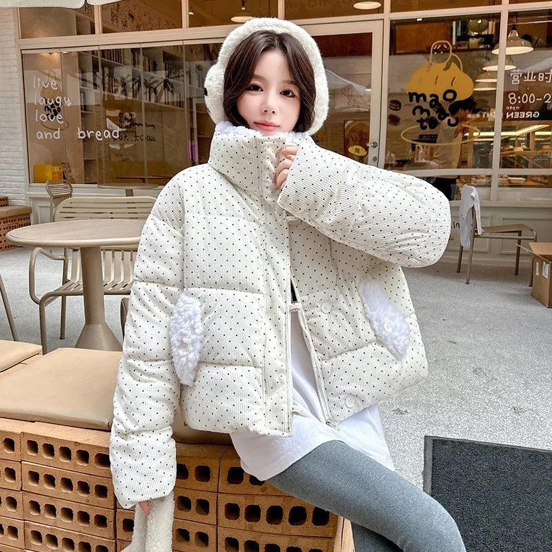2026 Women Parkas Winter Polka Dot Corduroy Jacket Fur Collar Loose Thicke Cotton Padded Coat Female Outerwear Student Overcoat