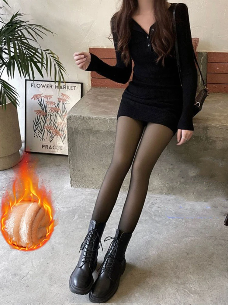 Damskie legginsy termiczne zimowe ciepłe seksowne elastyczne przezroczyste rajstopy damskie polarowe termiczne wysokiej talii szczupłe zagęścić obcisłe spodnie — zdjęcie 2