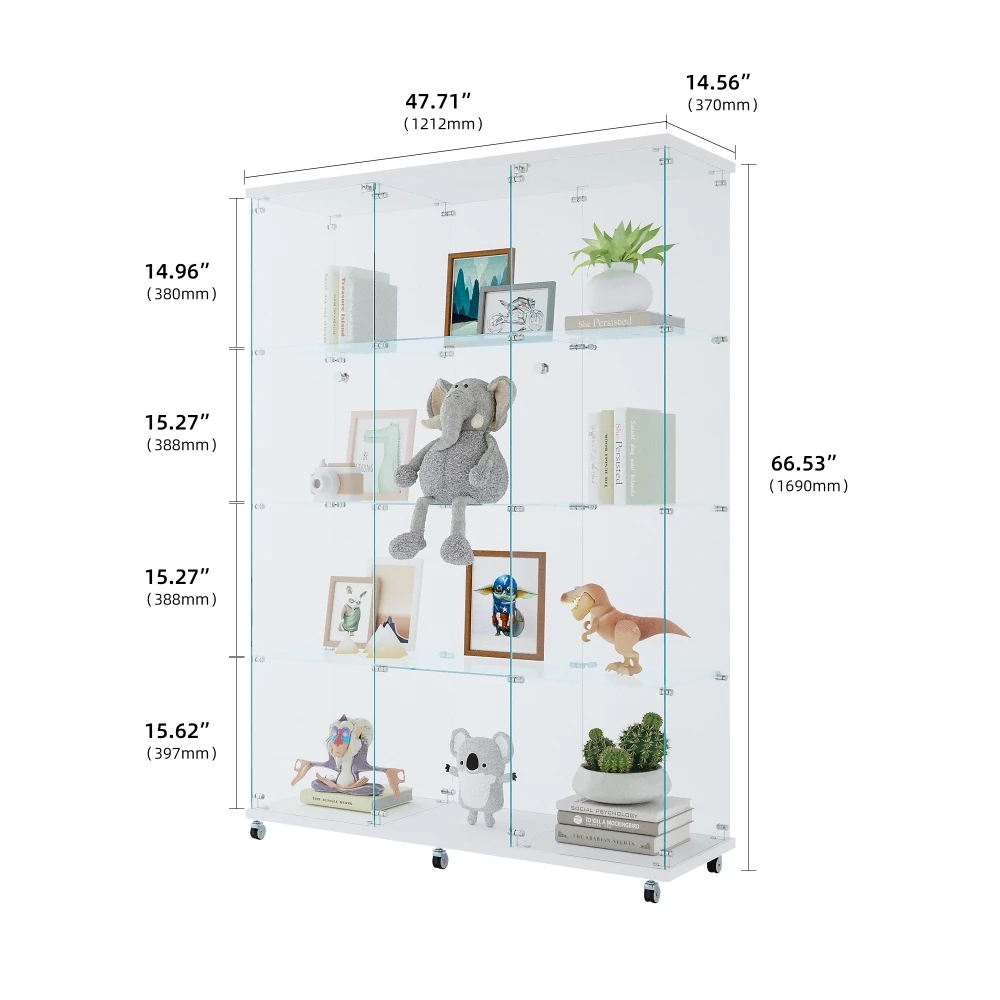 Glass Display Cabinet with 4 Shelves Extra Large Cabinets for Living Room, Bedroom, Office, Black Floor Standing Glass Bookshelf