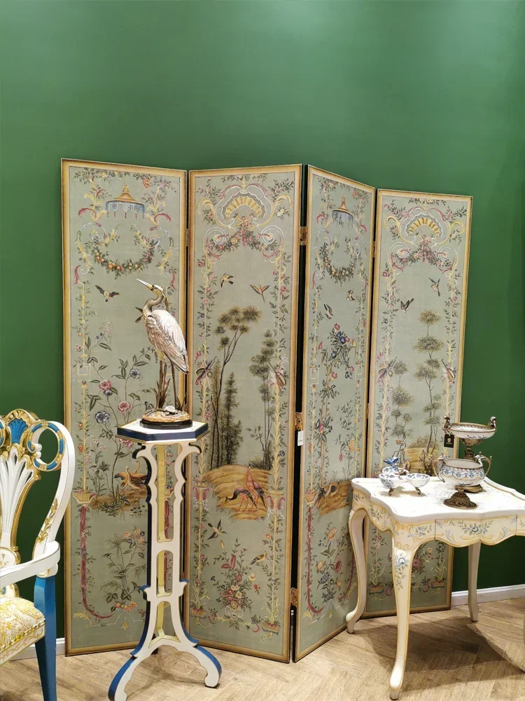 American French Chinese Style Luxury Solid Wood Green Retro Hand-painted Landscape Flowers and Birds Four Screen Partition