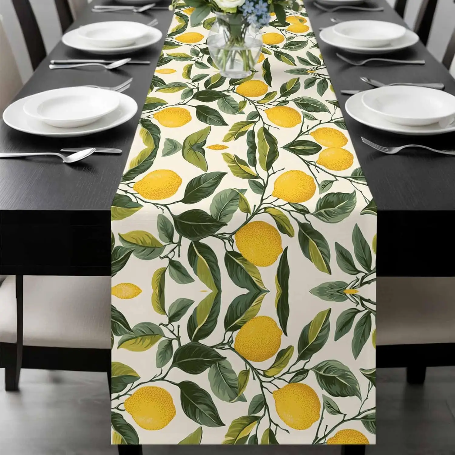 Summer Yellow Lemon Linen Table Runner Party Decor Washable Watercolor Leaves Plants Kitchen Dining Table Runners Home Decor