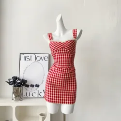Spicy Girl Sexy Lace Edge New Product Strawberry Cute Party High Street Sweet Plaid Red Plaid Y2K Sling Mini Dress