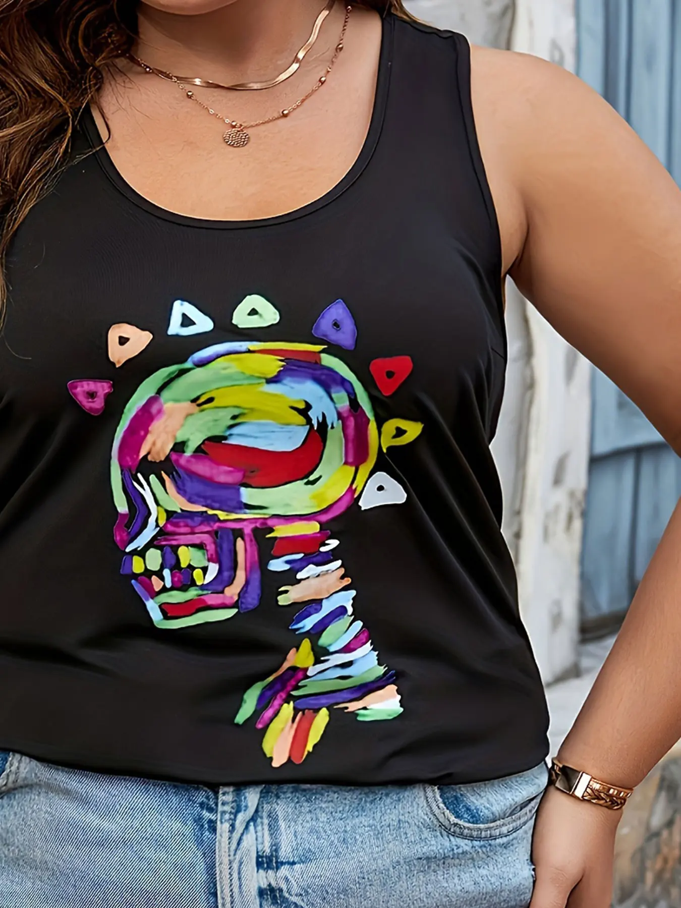 قميص نسائي بدون أكمام مقاس كبير أسود كاجوال صيفي بدون أكمام مع طباعة جرافيك كرتونية ملونة ورقبة دائرية آلة اشا