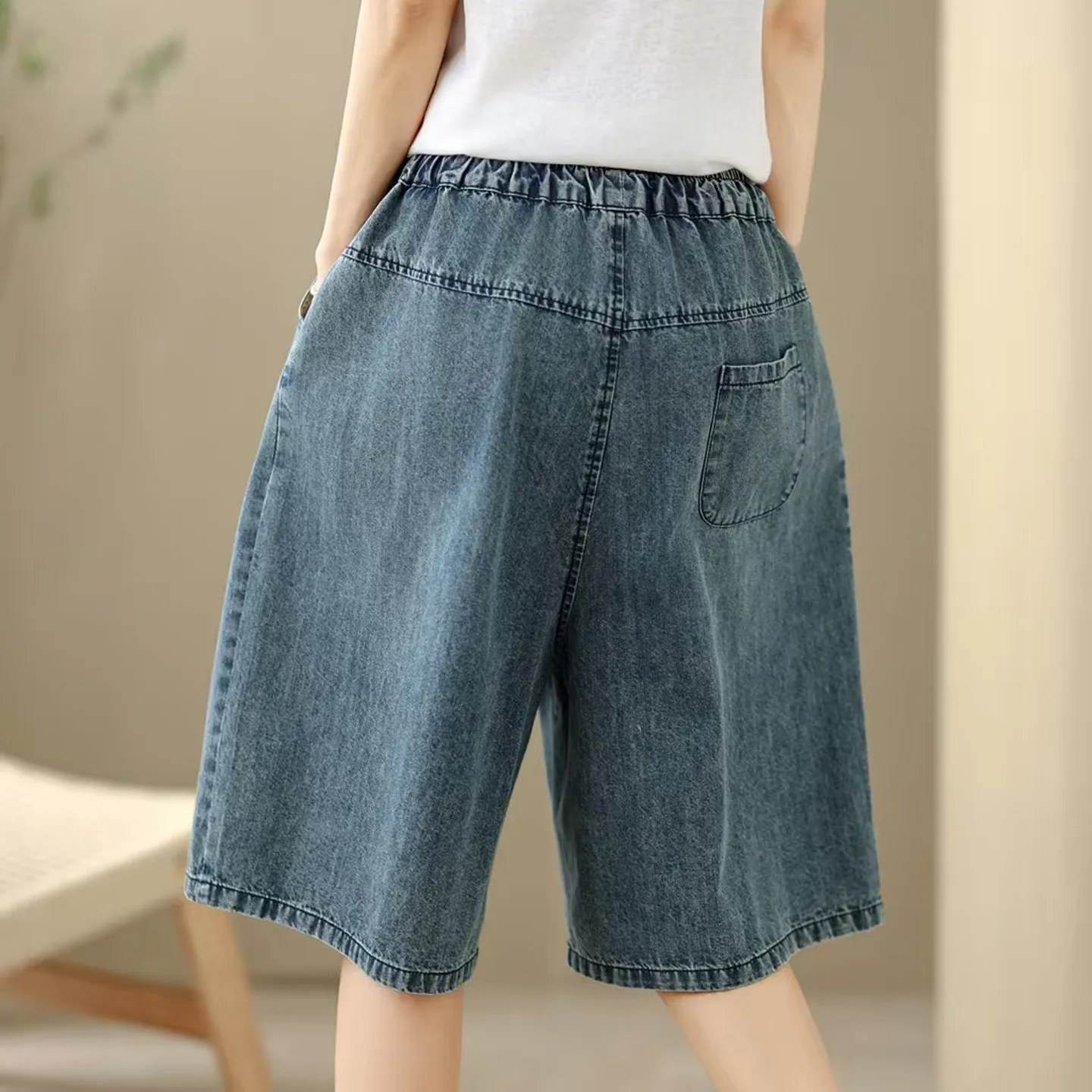 Summer Fashion Casual Loose Cat Cartoon Embroidered Soft Denim Shorts Women's Elastic Waist Thin Comfortable Half Length Pants