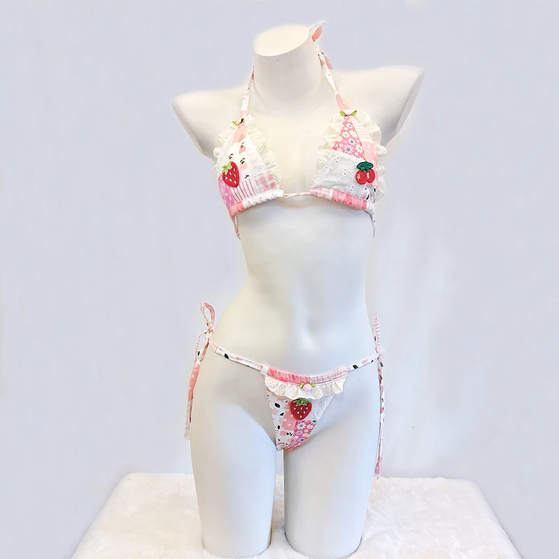 SENMHS 2025 جديد وأصلي لطيف الفراولة طباعة بيكيني مثير ثلاث قطع ملابس السباحة مجموعة النساء تأثيري الملابس الداخلية الوردي ملابس الشاطئ #2