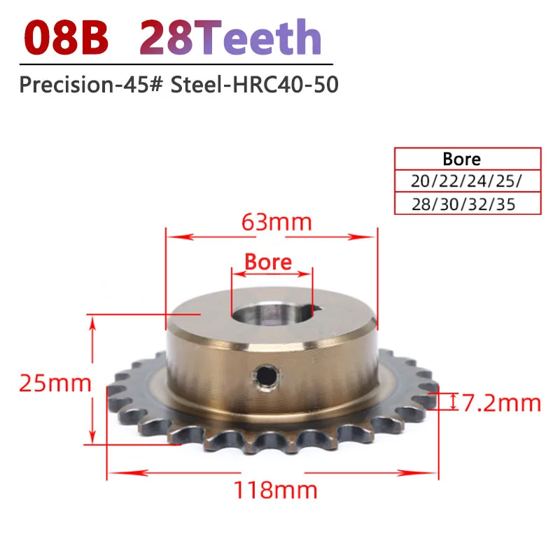 

1pc 28 Teeth 08B Precision Industrial Drive Sprocket Wheel 28T 45# Steel Chain Gear HRC40-50 Keyway Bore 20 22 24 25 28 30-35mm