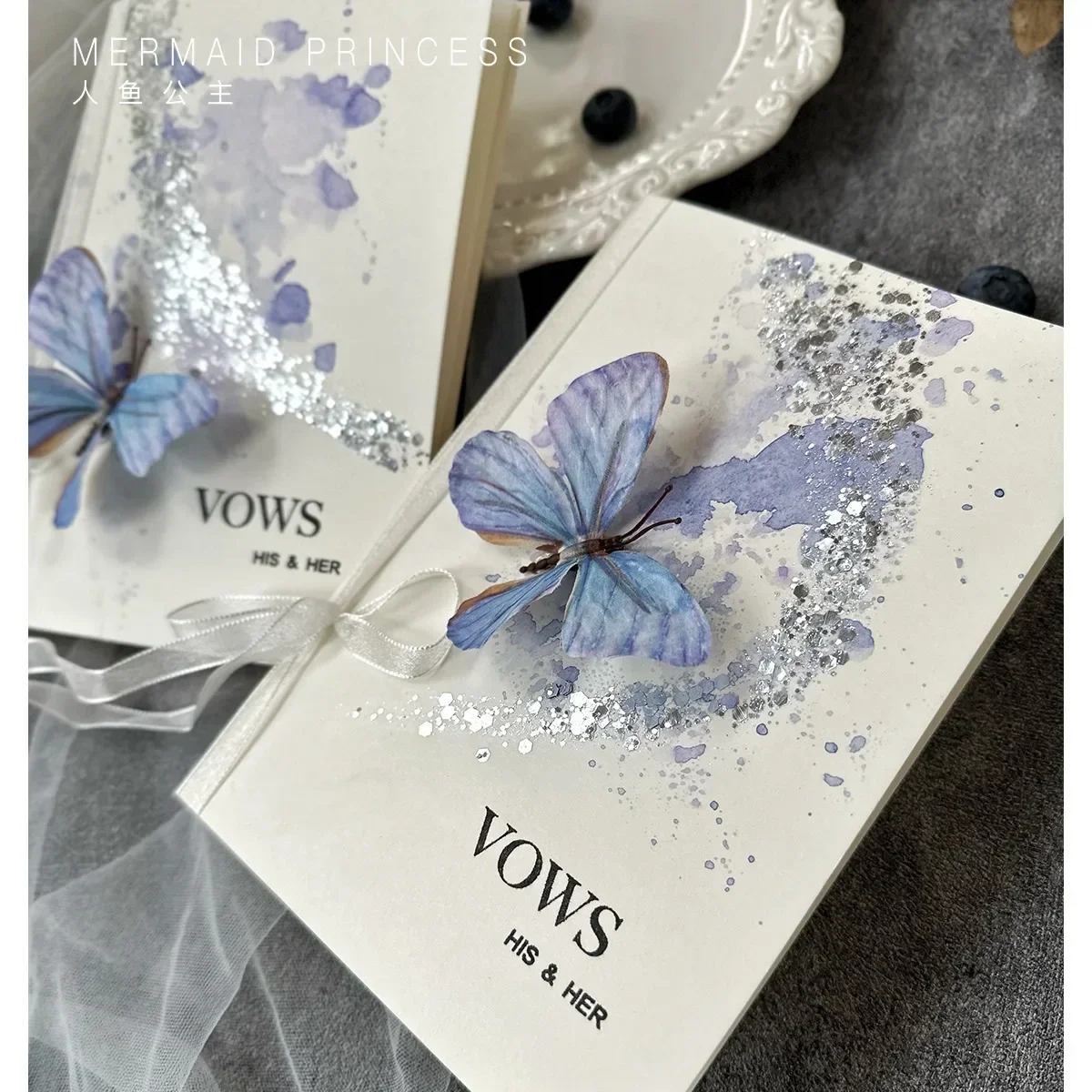 2Pcs Wedding Vow Book with Pens Handmade Dyeing Blue Butterfly Vow Cards Wedding Gifts for Bride and Groom Decoration