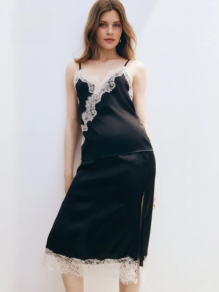 

H&M Summer New Women's Lace Trim Half Skirt Loose Fit mid Waist Polyester Fiber Lace Fabric Other Skirt Types Ladies Skirts