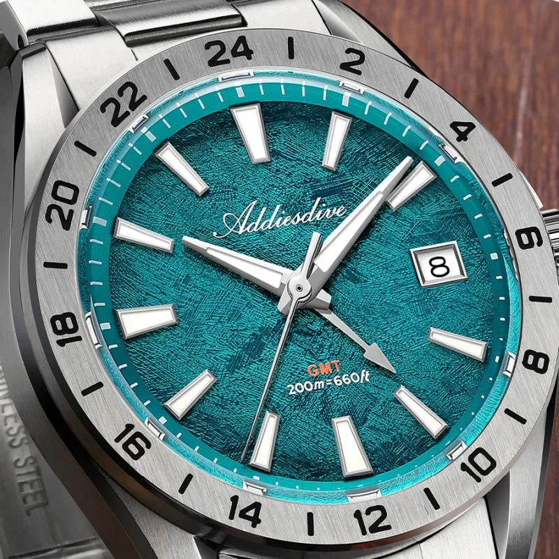ADDIESDIVE AD2548 Herrenuhr, synthetisches Saphirglas, BGW9, superleuchtend, 200 m wasserdicht, Schweizer Ronda 515-24H GMT-Quarzuhren