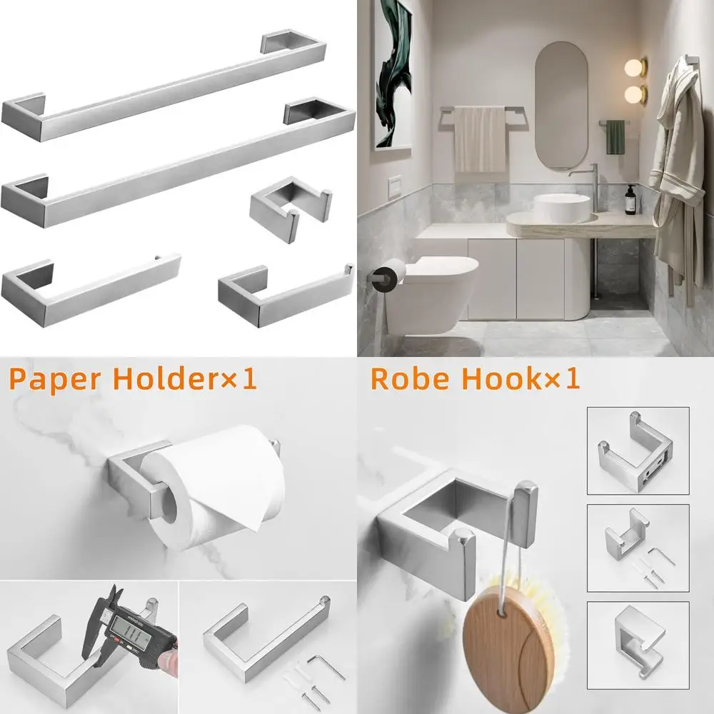 

Stainless Steel 5-Piece Wall-Mounted Bathroom Hardware Set with Brushed Nickel Finish, Complete Accessory Set for Modern Bathroo