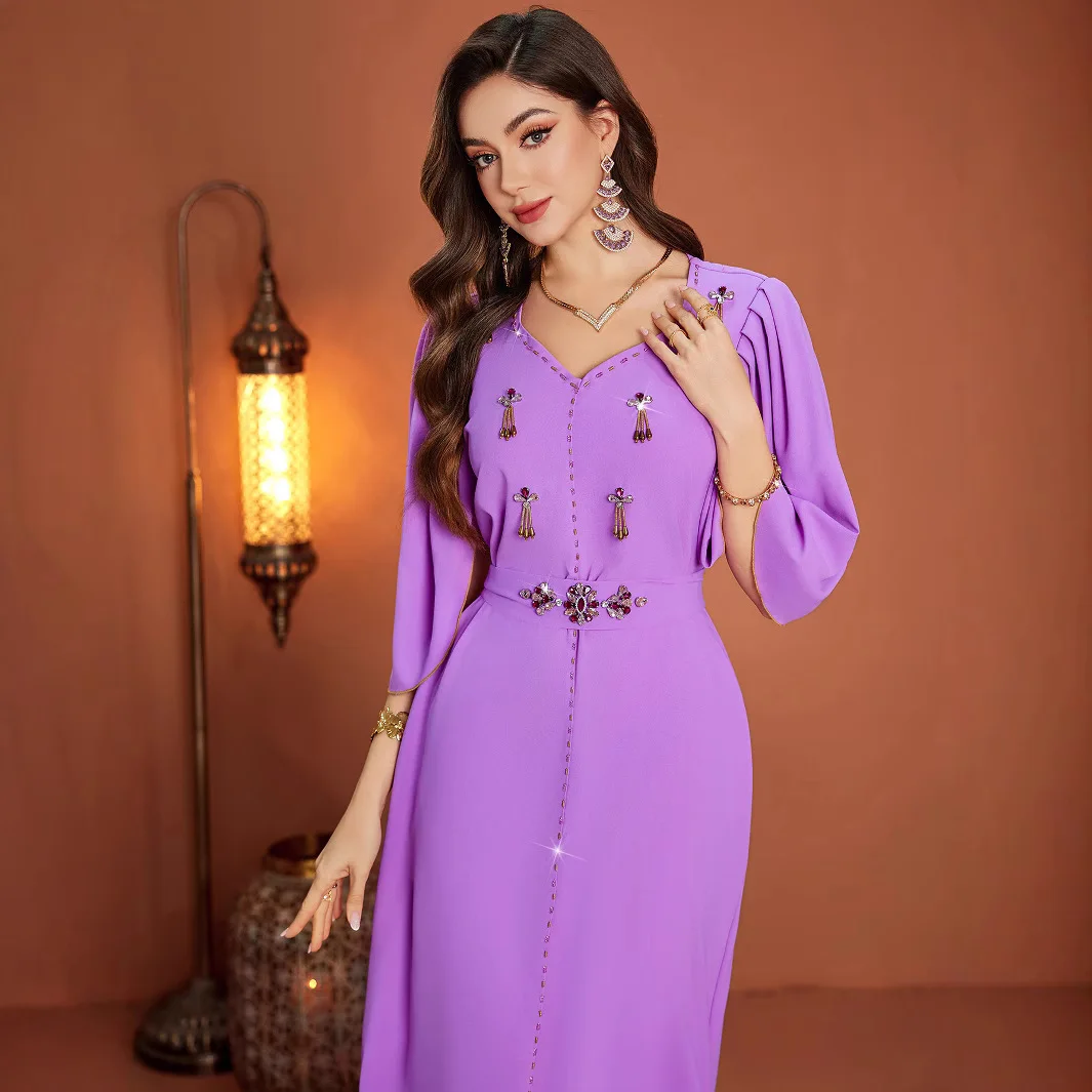 Lavender Purple Solid Color V-neck Embroidered Diamond Sparkly Elegant Daily Luxury Ceremonial Dresses for Women Muslim Loriya