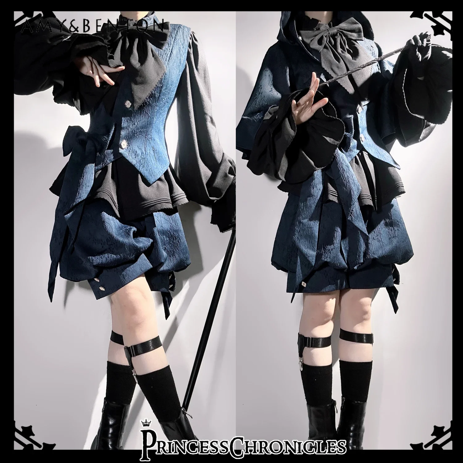 Vintage Court Style Medieval Lolita Cosplay Outfit Set with Rabbit Ear Hooded Jacket Vest Shorts And Shirt Sweet Cool Girl Theme - view 4