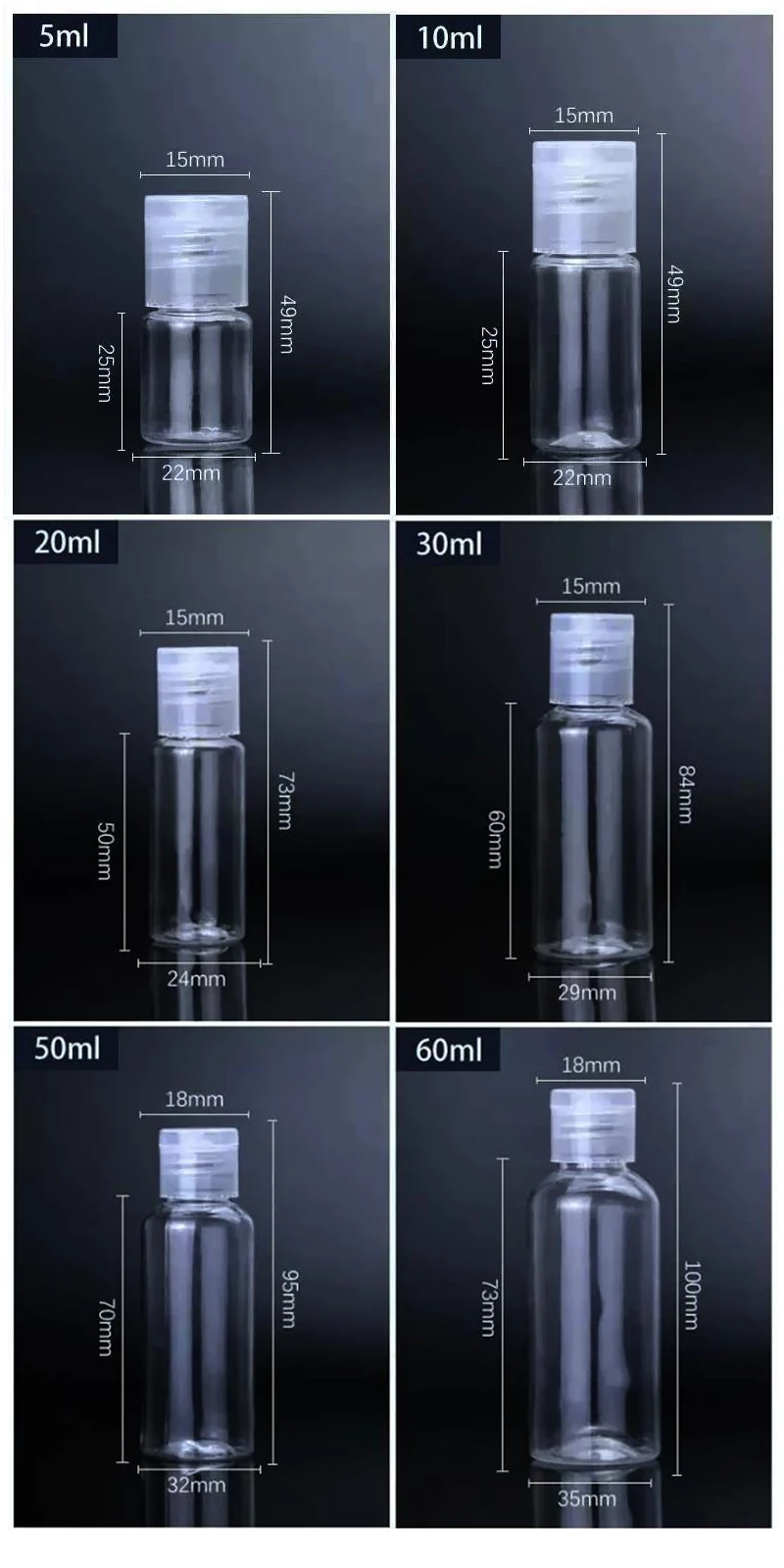 Großhandel 5 ml-120 ml nachfüllbare transparente leere Flasche Kunststoff tragbare Flasche Reisebehälter nachfüllbar Kosmetikbehälter – Detail 1