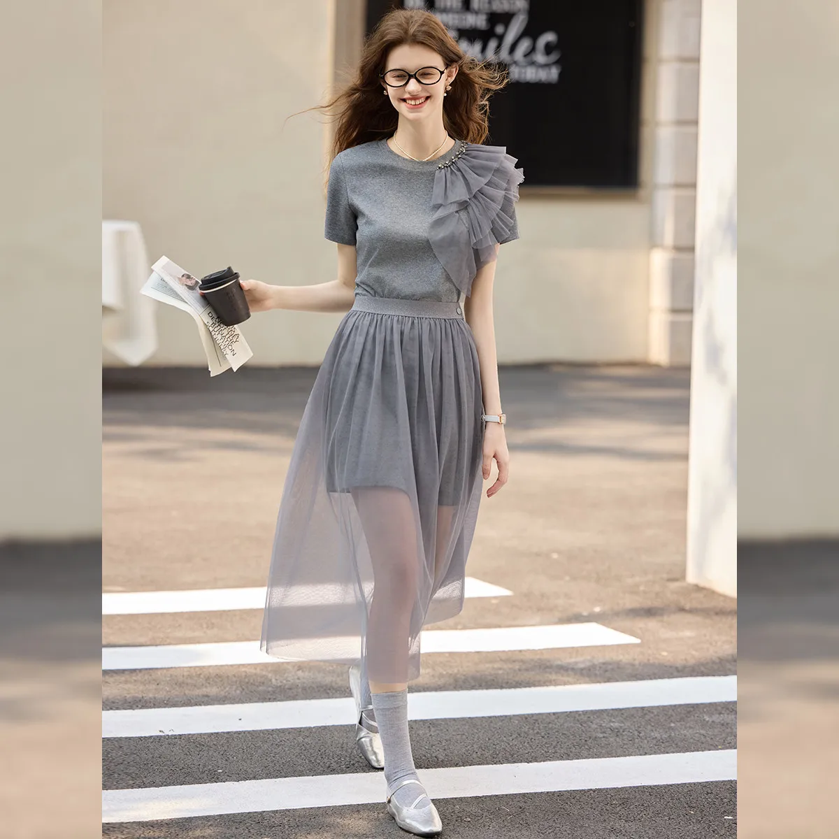 LOUIS YAO Grey Two-piece Dress Set 2025 Summer New Women's Set Three-dimensional Pleated Design Dress and Mesh Half Skirt