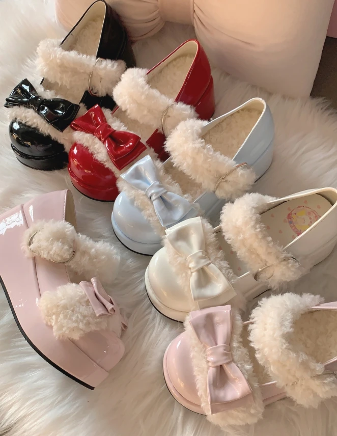 Winter Thick Plush Bow Sweet And Cute Lolita Shoes With Soles High Heel Style Fashion Solid Color Round Toe Warm Shoes Kawaii