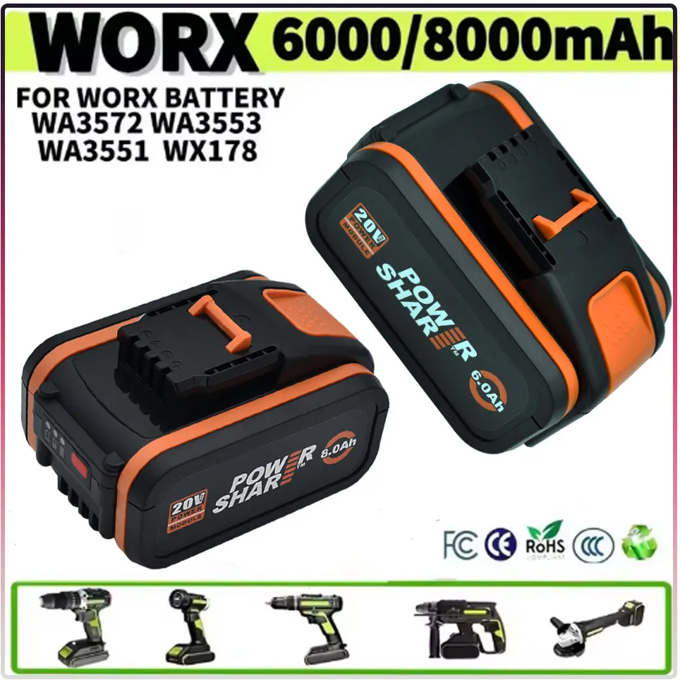 Worx الأصلي 20 فولت 8.0Ah بطارية ليثيوم قابلة للشحن WA3553 WA3551 WA3553.1 WA3570 لجميع أدوات WORX الكهربائية والحديقة #1
