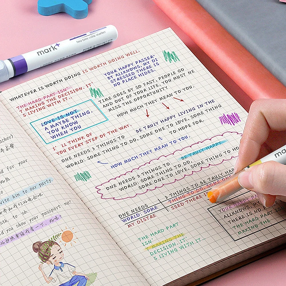 مارك + قلم تحديد مجموعة خط مزدوج الباستيل فلو مدرسة Textmarker لطيف Destacadores القرطاسية ورأى تلميح Kawaii فسفورية #5