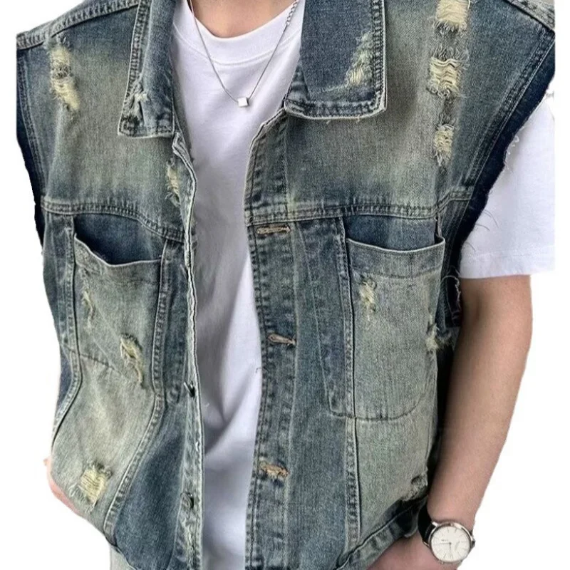 가을 미국 레트로 디스트레스드 베스트 남성 디자인 트렌드 루즈 슬리브리스 탑