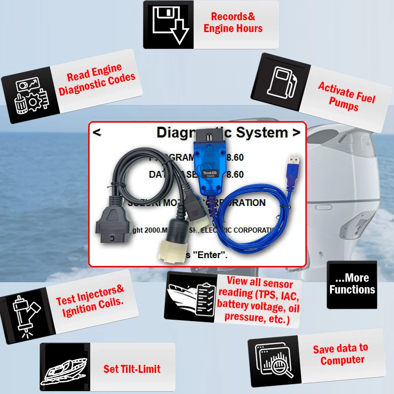 ThinkElk TK200 Diagnostic Cable Adapter Kit Connectors for Suzuki SDS 8.60 Boat Outboard Diagnostic for All EFI DF40-DF300 Model