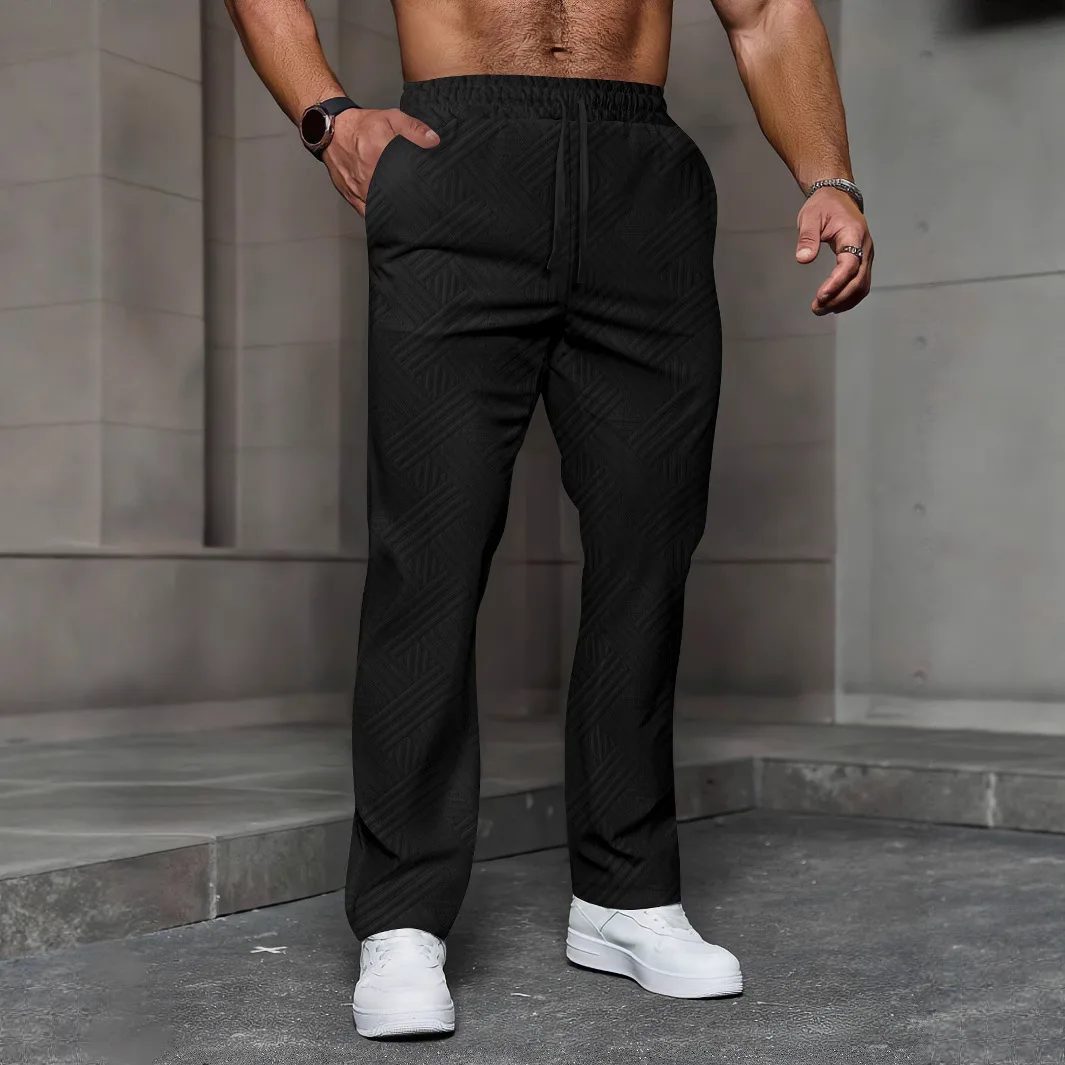 Men's sporty casual trousers, fashionable jacquard elastic waist street pants, solid-color loose all-season pants