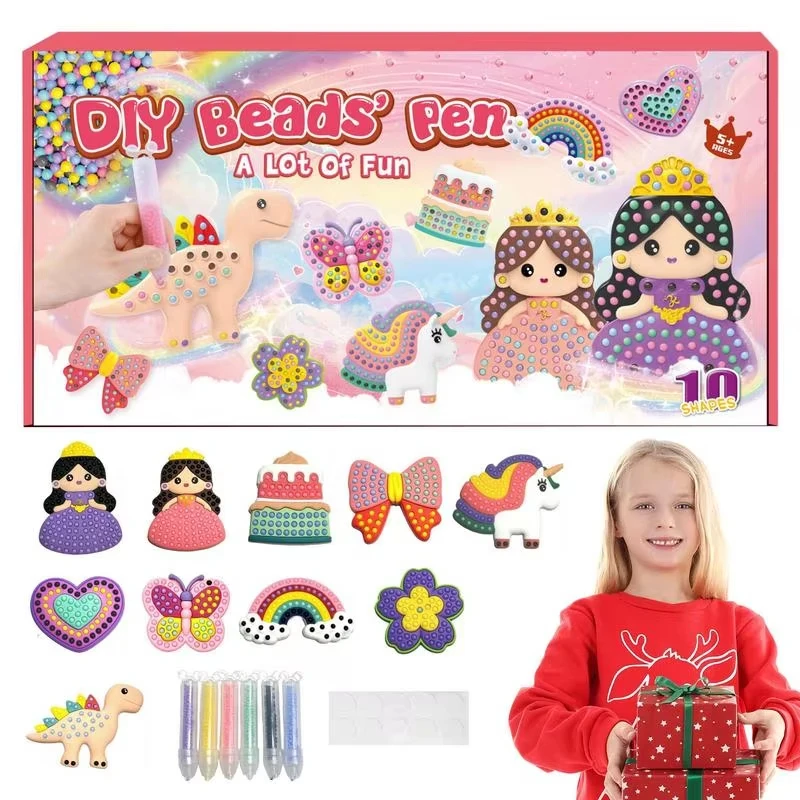 DIY Beads Pen Set for Kids, Reusable Silicone Cartoon Pattern, No Iron Handmade Art Kit, Birthday Christmas Gift for Girls