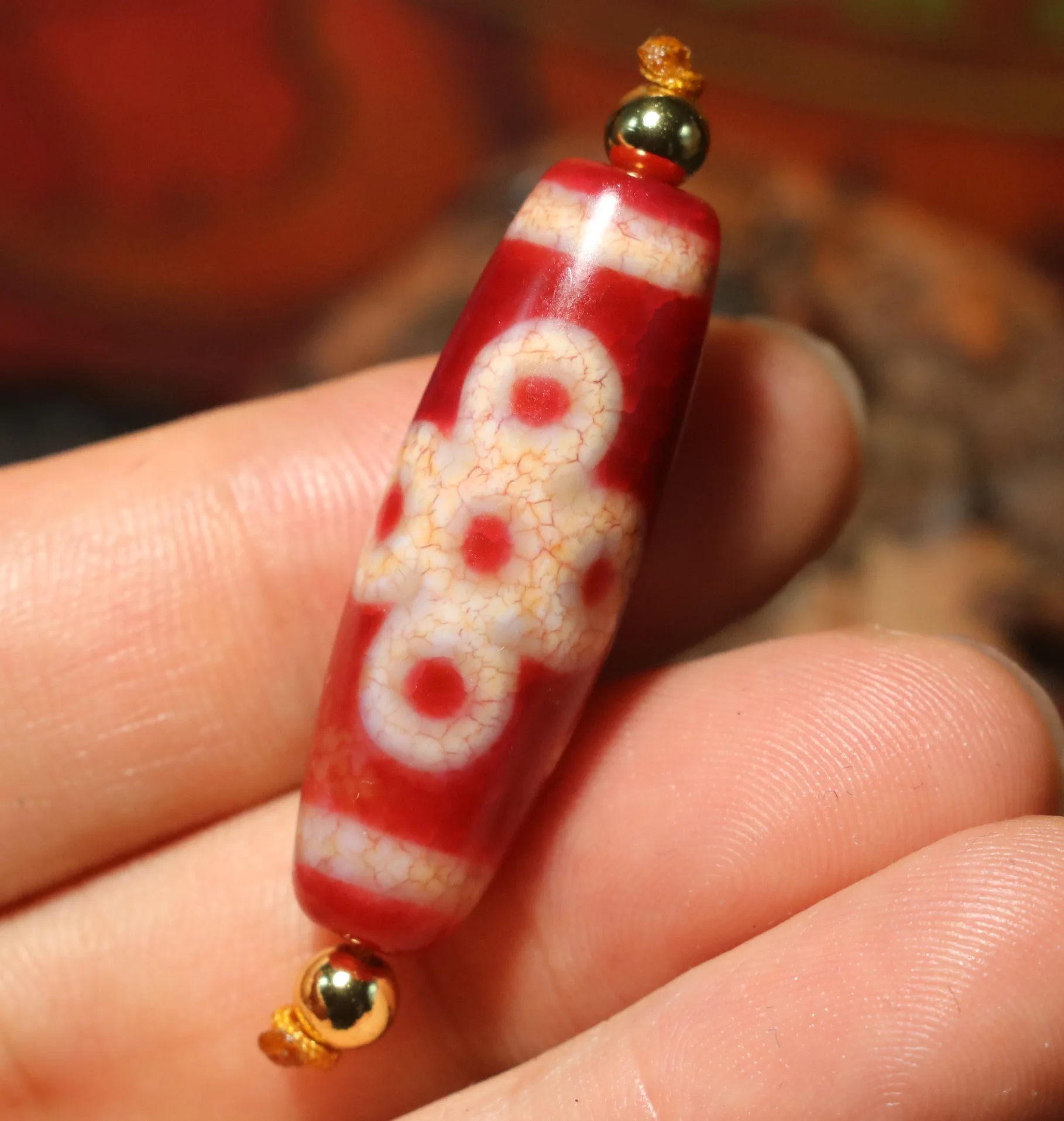 Energy Tibetan old Agate Bloody Dragon Vein 5 Eye Lightening DZi Bead Pendant L LKbrother Talisman UPS1216Qs