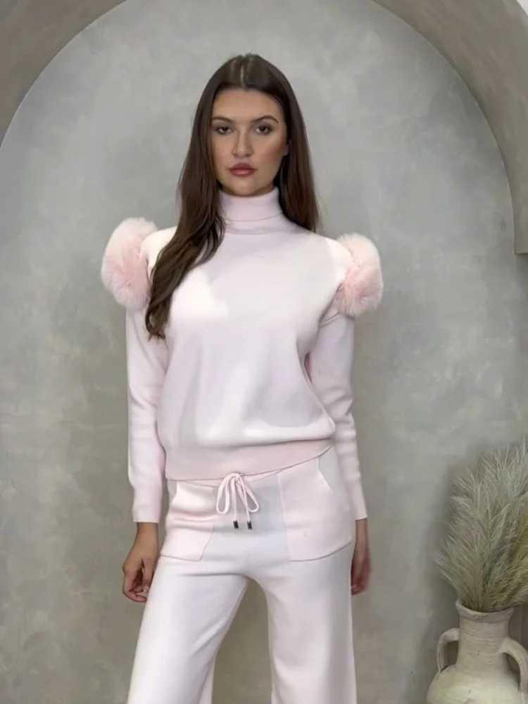 

Chic Shoulder Fur Patchwork Women Pullover Turtleneck Long Sleeve Slim Kintted Pullovers Lady Autumn Daily Highstreet Sweater