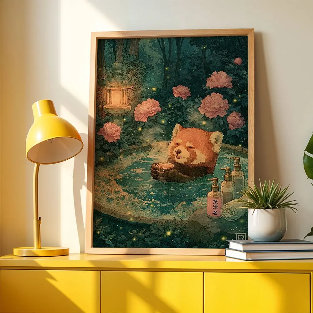 Red Panda Soaking In Hot Spring Canvas Poster Wall Hanging, Wall Art Suitable For Bathroom And Bedroom, Vintage Home Decor