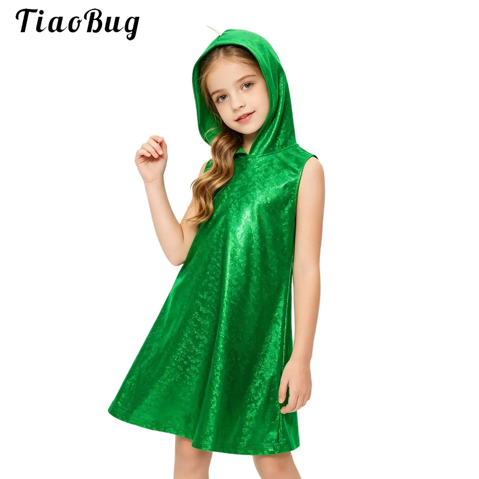 Kids Girls Dinosaur Dress Metallic Gloss Sleeveless Dragon Hooded 3D Tail Design Dress for Carnival Animal Fancy Party Dress Up