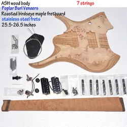 DIY 7 stings Headless Electric Guitar Kit ASH Body Maple Neck,flame maple Fingerboard,24 Frets,Wenge neck Stainless steel frets