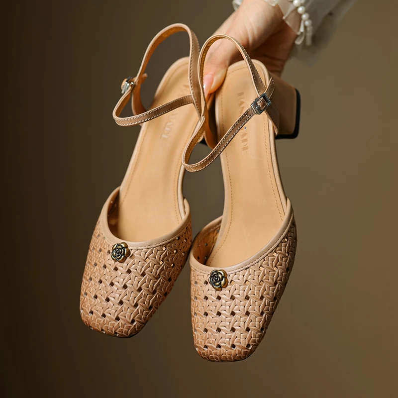 

Women's new summer genuine leather sheepskin woven hollow breathable retro metal flower high-heeled toe fashion sandals