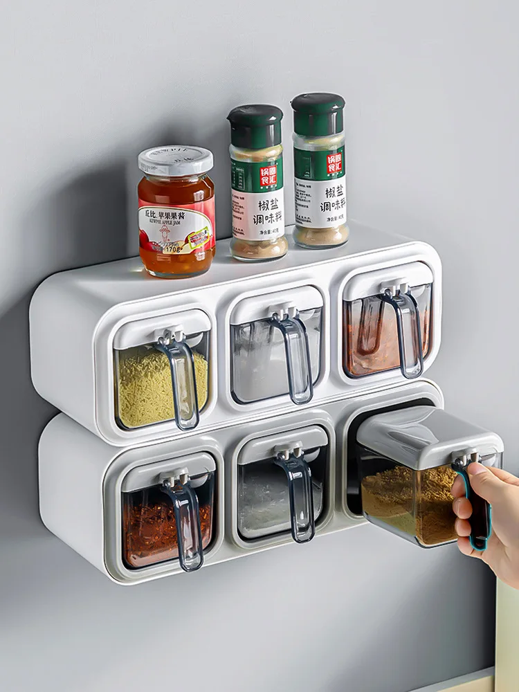 Kitchen Seasoning Box Sugar Salt Shaker Condiment Storage Organizer Household Wall-mounted Compartmented Spice Container Jars