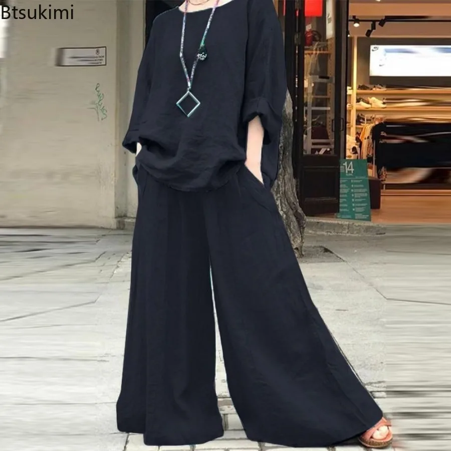 2024 Women\'s Cotton Linen Pant Sets Oversize Loose Top and Wide-leg Pants Set Female Summer Trendy Casual Elegant Suits Ladies