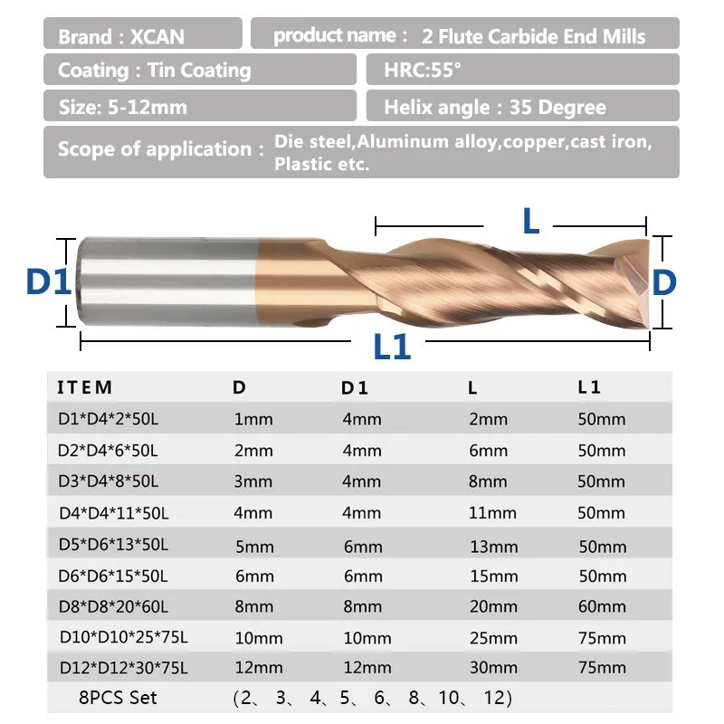 XCAN Milling Cutter 1-12mm Two Flutes Carbide End Mill TiCN Coated Flat End Mill Bit CNC Machine Milling Bit CNC Cutting Tools