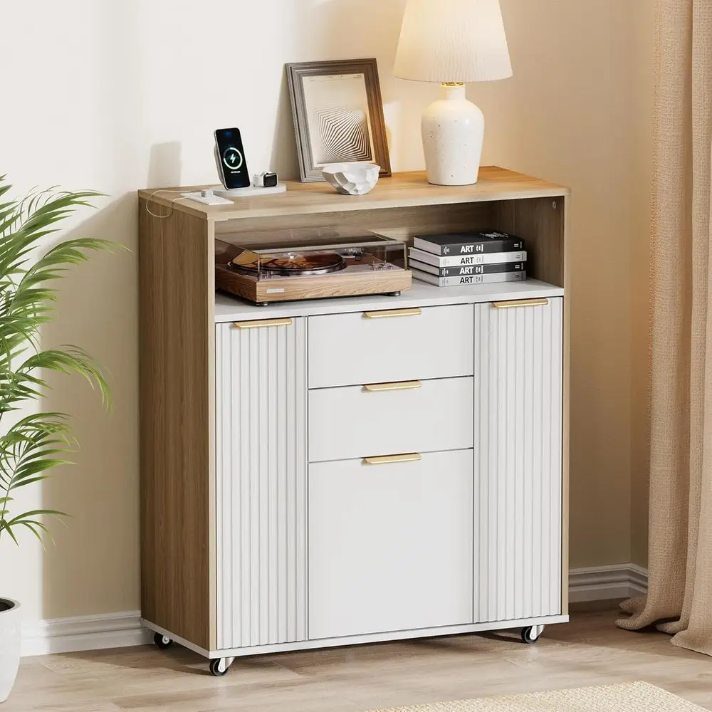 

37 Light Walnut Storage Cabinet with 3 Drawers, Adjustable Shelving, Mobile Cart with Lockable Wheels for Entryway, Living Room,